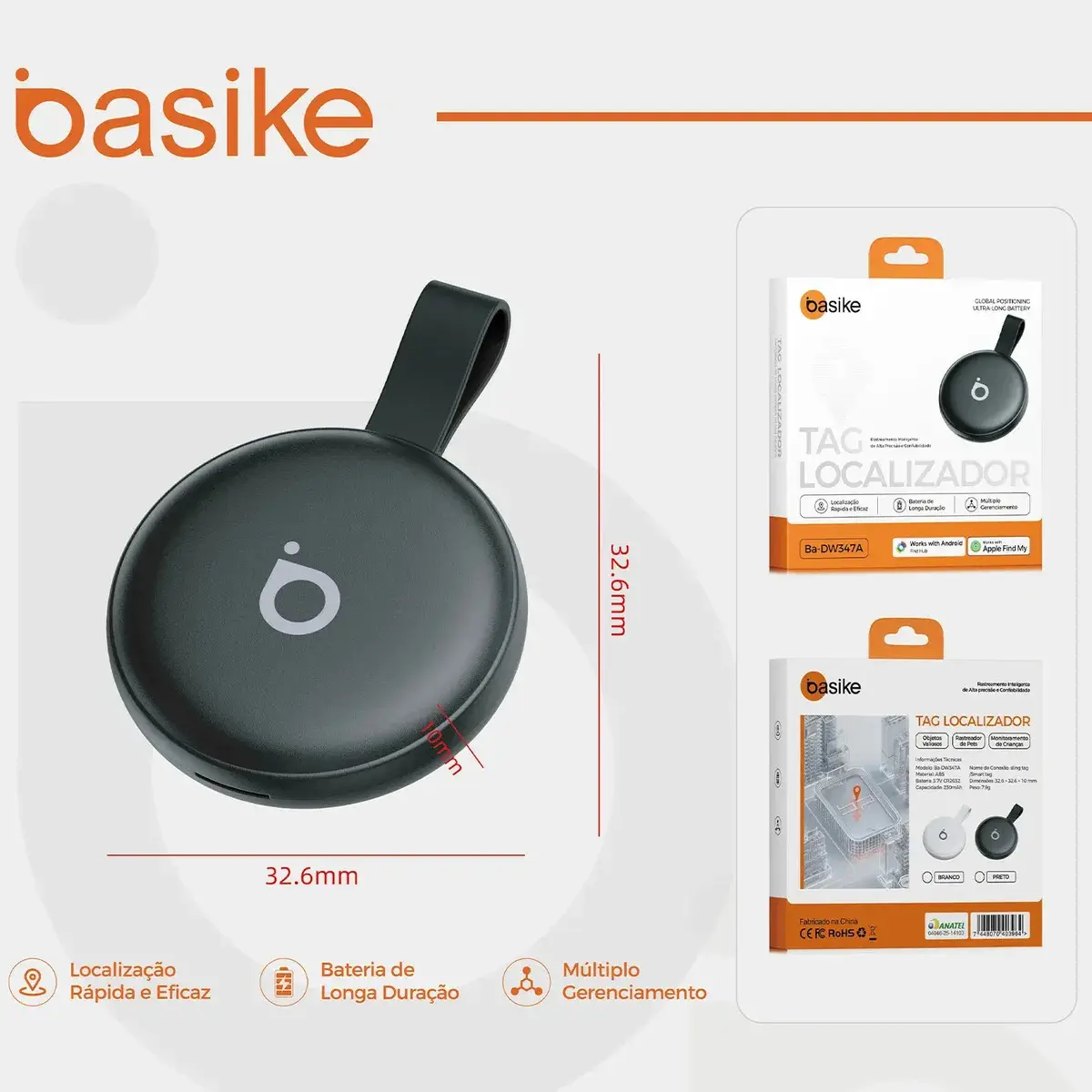 Basike Mini Localizador Smart Tag Rastreador GPS Compatível iPhone Apple Find My e Android Find Hub Alarme Sonoro 100dB Bateria 12 Meses para Pets Chaves Mochilas Carro Moto Mala Bicicleta Carteira thumbnail 9