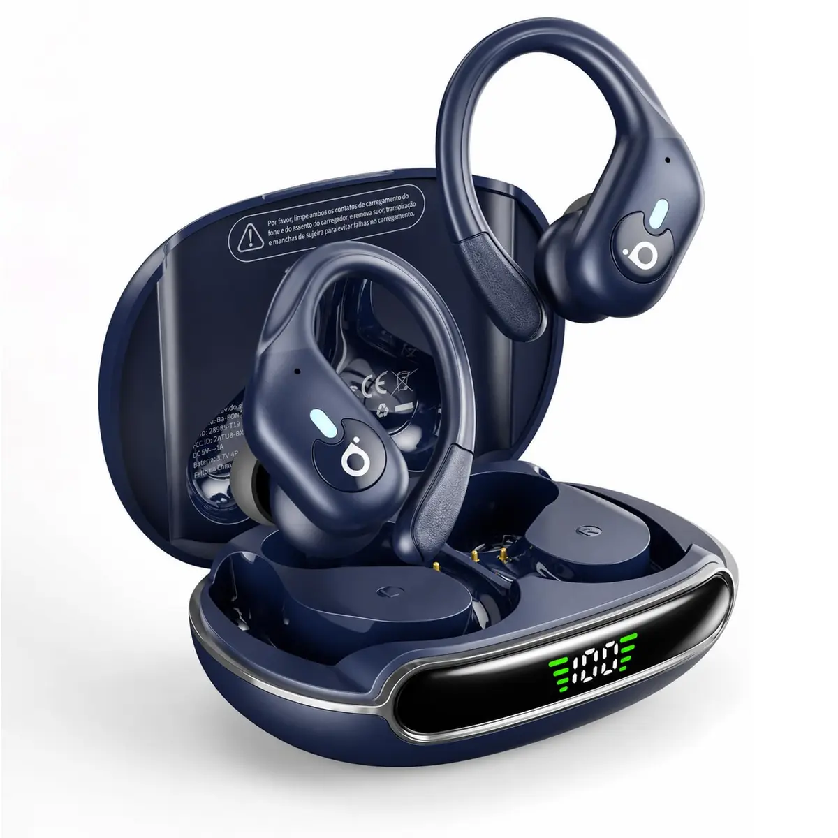 Basike Fone de Ouvido Bluetooth Sem Fio Esportivo para Corrida, ANC, In-Ear | BT 6.0, TWS Som Estéreo Hi-Fi, ENC para Chamadas Claras, Modo de Transparência, 50 horas de Reprodução com Display LED (Azul)