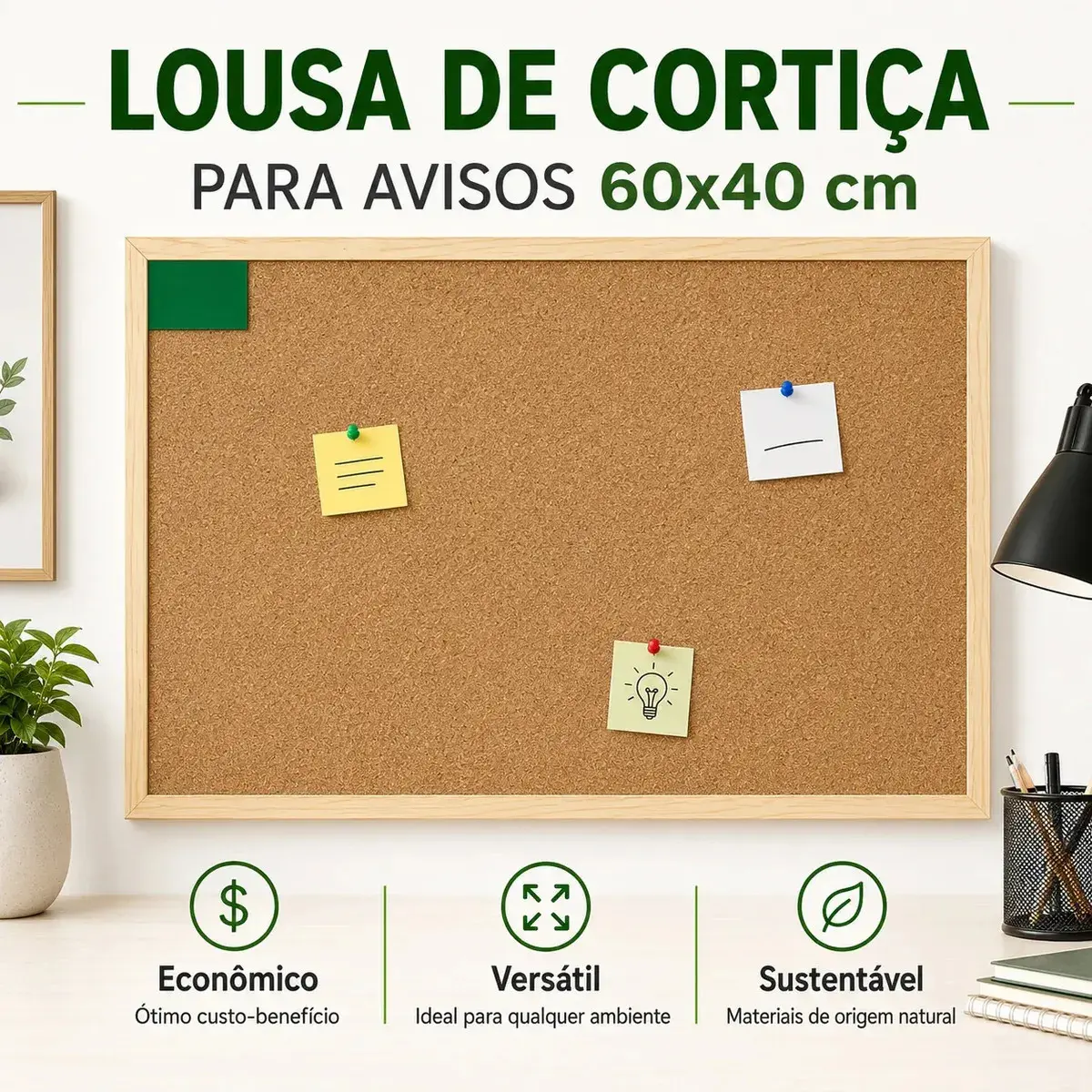 Quadro de Cortiça Mural Gliart 60x40 cm para Avisos e Fotos com Moldura de Madeira Pinus
