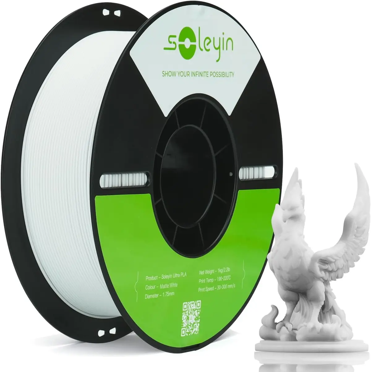 Creality Filamento Soleyin Ultra PLA 1,75 mm para Impressora 3D, Velocidade de 300 mm/s, Resfriamento e Modelagem Rápidos, Bobina de 1kg (2,2lb), para A Maioria das Impressoras 3D FDM (Branco Fosco) - 1
