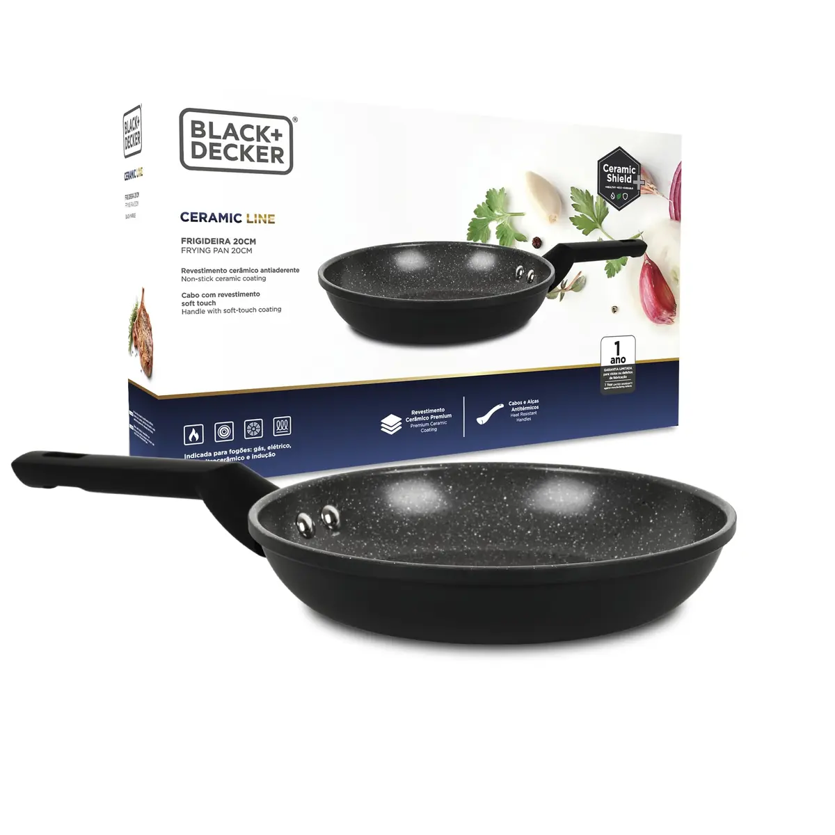 BLACK+DECKER FRIGIDEIRA 20 CM 1,2 LITROS CERAMIC LINE - CORPO COM REVESTIMENTO CERÂMICO ANTIADERENTE COM ACABAMENTO EXTERNO NA COR PRETA E BASE COMPATÍVEL COM INDUÇÃO - BLACK