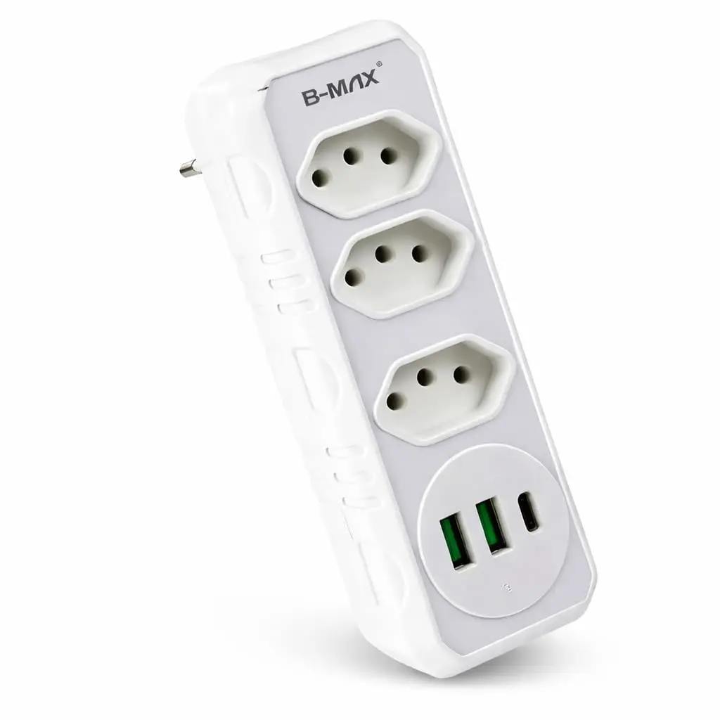 Adaptador Triplo com 3 Tomadas, 2 USB e 1 Tipo-C, 10A, Bivolt, Padrão Brasileiro