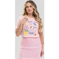 Camiseta Feminina Cianitas Rosa Estampa Itália