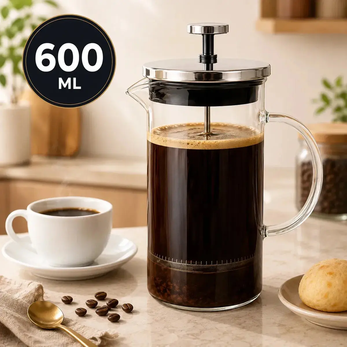 Prensa Francesa Cafeteira Vidro Borossilicato 600 ML Inox Café Chá Filtro Reutilizável Manual Resistente Premium Para Casa Cozinha Sólar - 1
