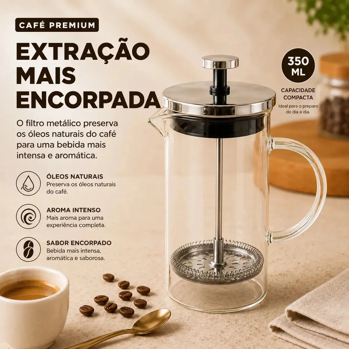 Prensa Francesa Cafeteira Vidro Borossilicato 600 ML Inox Café Chá Filtro Reutilizável Manual Resistente Premium Para Casa Cozinha Sólar thumbnail 3