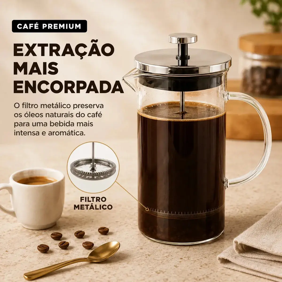 Prensa Francesa Cafeteira Vidro Borossilicato 600 ML Inox Café Chá Filtro Reutilizável Manual Resistente Premium Para Casa Cozinha Sólar thumbnail 4