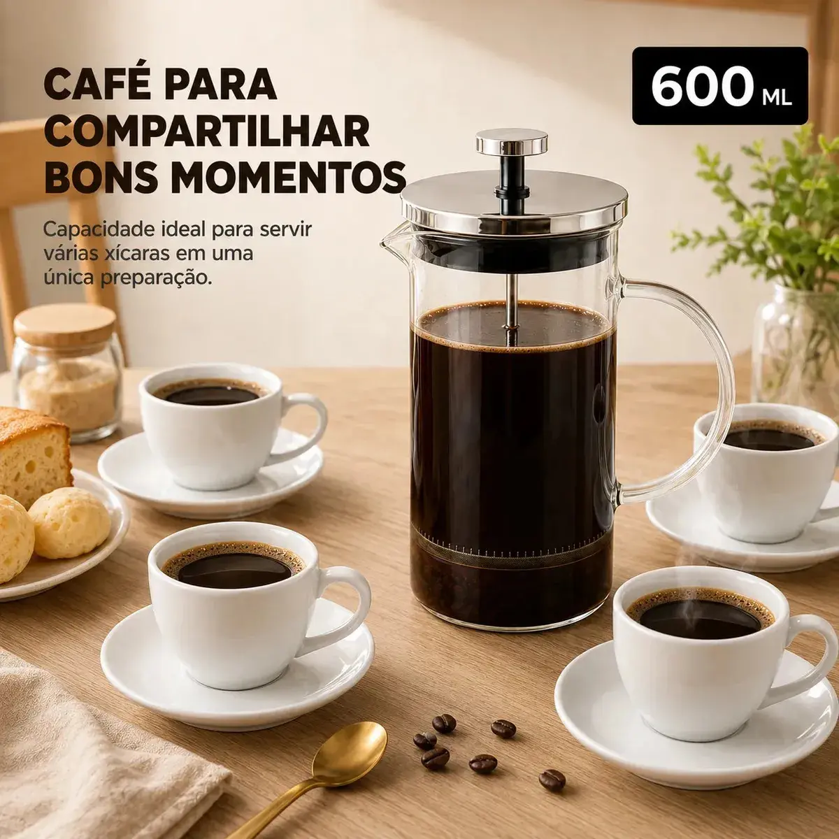 Prensa Francesa Cafeteira Vidro Borossilicato 600 ML Inox Café Chá Filtro Reutilizável Manual Resistente Premium Para Casa Cozinha Sólar thumbnail 7
