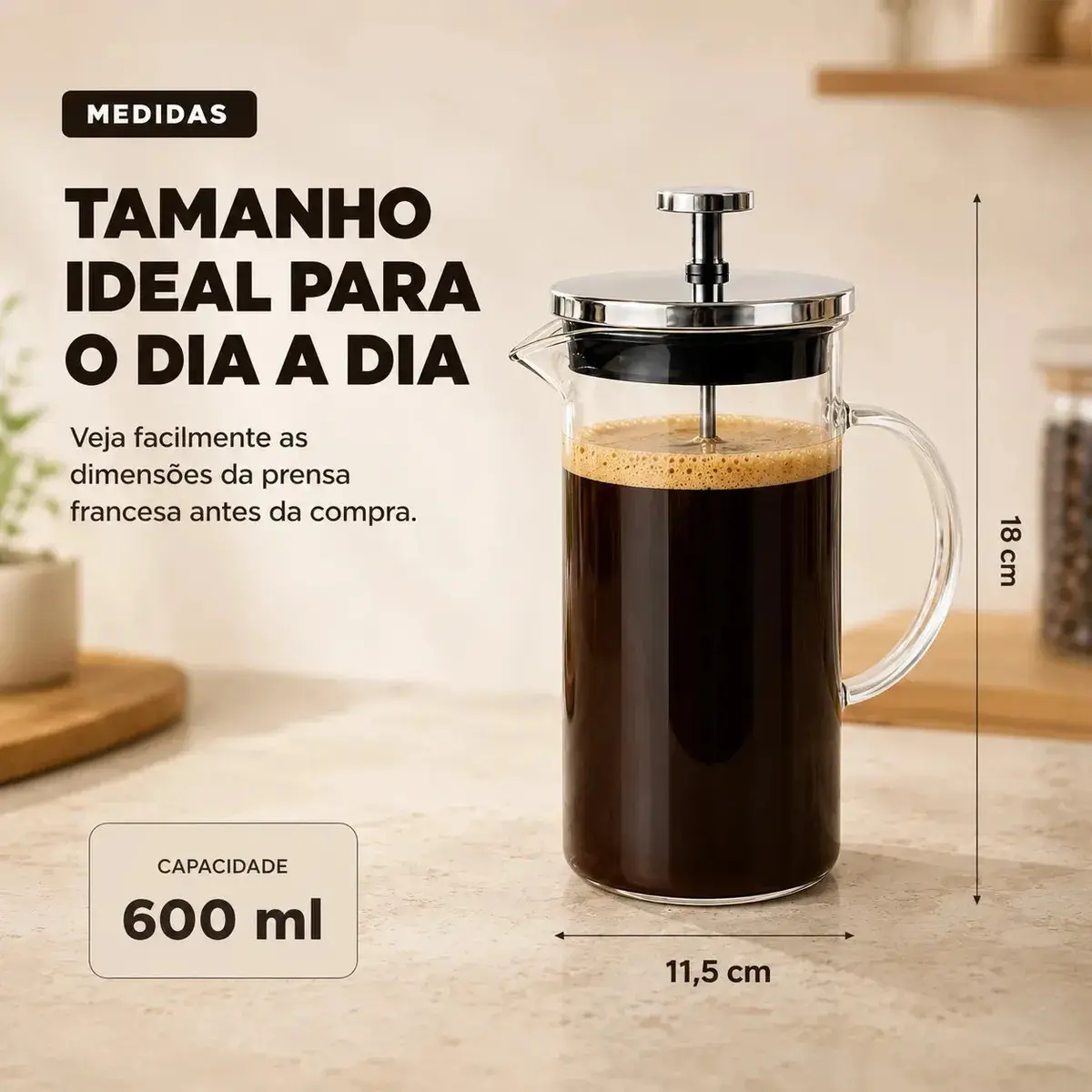 Prensa Francesa Cafeteira Vidro Borossilicato 600 ML Inox Café Chá Filtro Reutilizável Manual Resistente Premium Para Casa Cozinha Sólar thumbnail 8