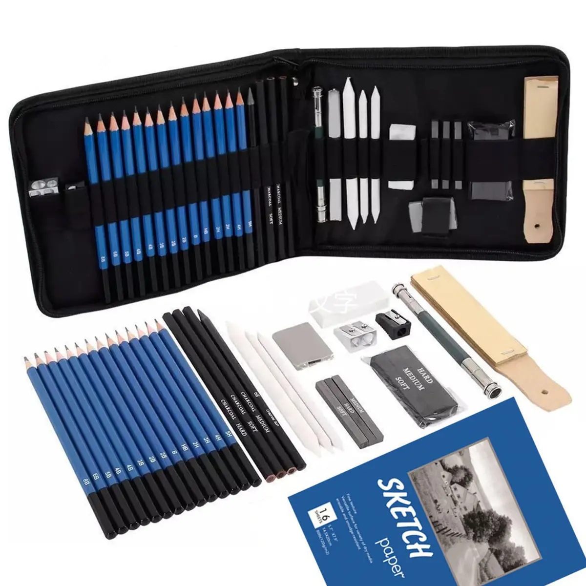 Kit de Desenho Profissional 35 Peças com Sketchbook | 14 Lápis Grafite, 3 Carvão, 3 Vareta, 3 Barra Grafite, Esfuminho, Estilete, Borracha, Apontador e Bloco A5