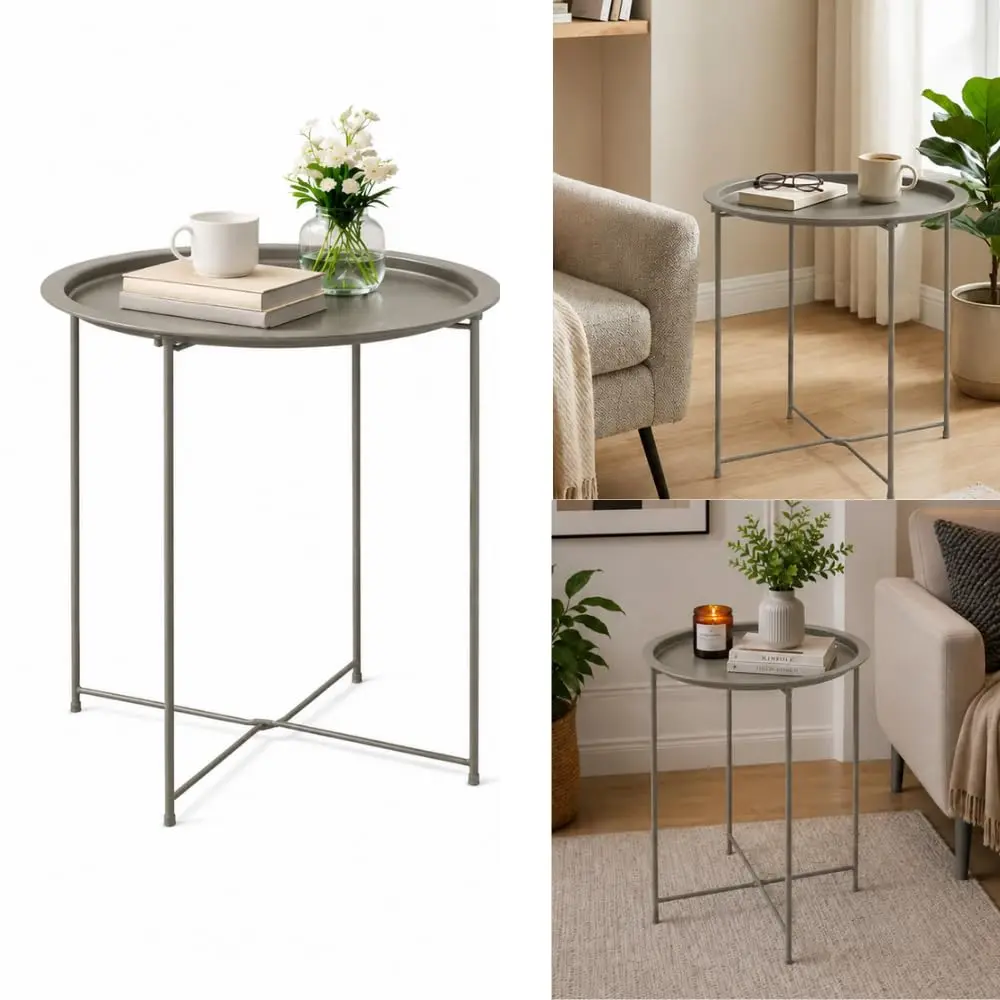 Mesa Lateral Redonda em Metal Mesa de Apoio Decorativa (Cinza) - 1