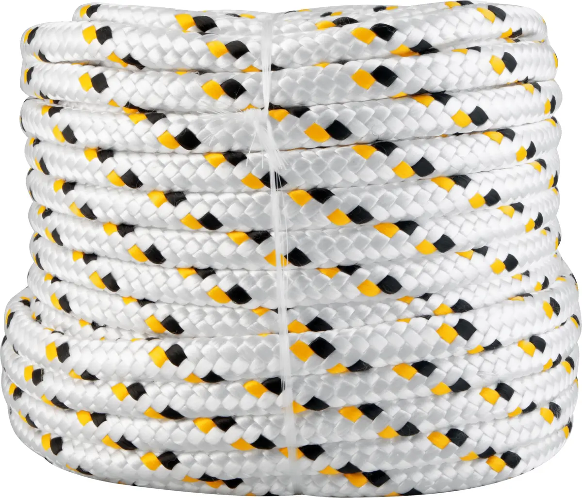 Vonder, Corda Multifilamento Trançada 16,0 Mm X 50 M, Branca Com Detalhes Em Preto E Amarelo.