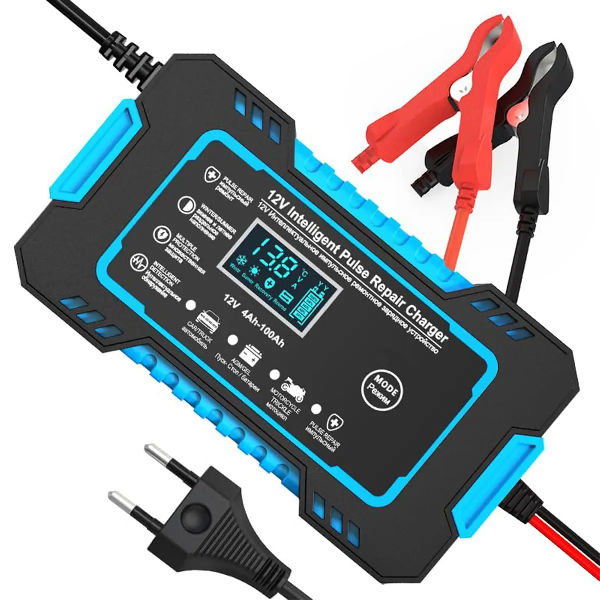 Carregador de Bateria Inteligente 12V Bivolt com Display Digital – Para Carro, Moto e Caminhão | Linha Premium com Proteção contra Superaquecimento, Sobrecarga e Curto-Circuito (Azul)