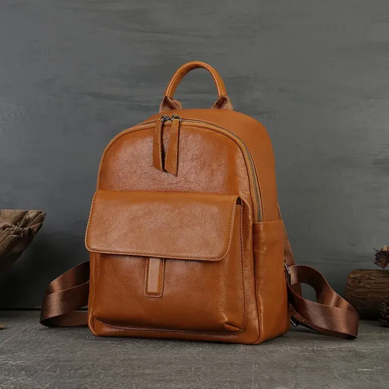 Mochila de Couro Genuíno Johnature 2026 Nova, Casual, Grande Capacidade, Estilo Retrô, para Notebook, Cor Sólida, para Viagem