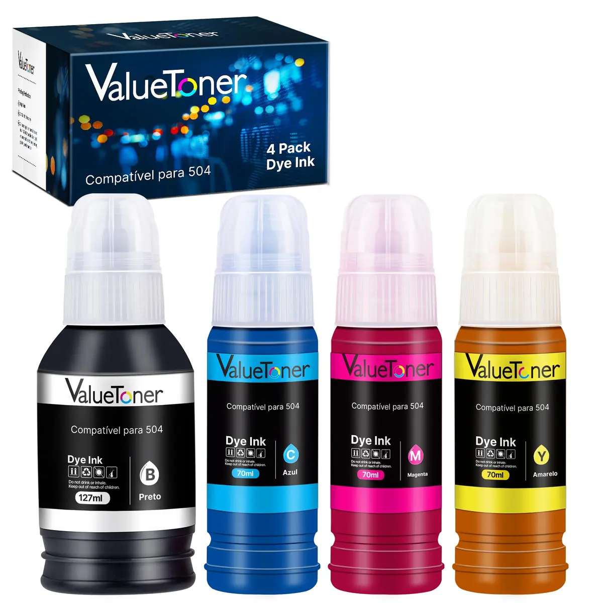 Valuetoner Kit 4 Tintas Compatível para Epson 504 T504 para L4260 | Compatível con Epson Ecotank L4160, L6161, L4150, L6171, L6191, L6270, L14150 Impresoras (4 Garrafas)