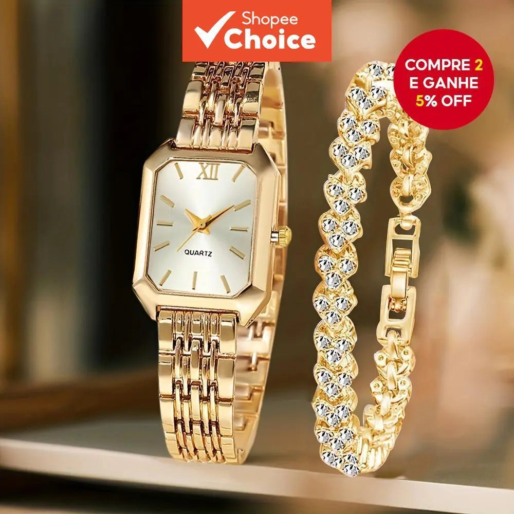 2 Pçs Feminino Retângulo Relógio De Quartzo Pulseira Conjunto Strass Moda Jóias Presente Elegante - 1