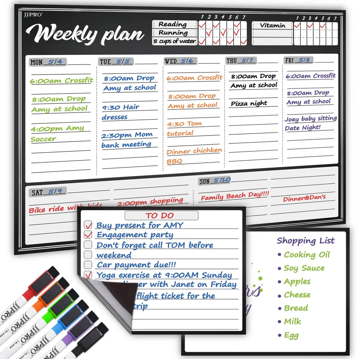 Quadro branco planner semanal apagável a seco magnético grande, para geladeira – jogo com um calendário semanal grande e dois quadros para anotações/coisas a fazer/compras; com 6 marcadores magnéticos apagáveis a seco de ponta fina incluídos.