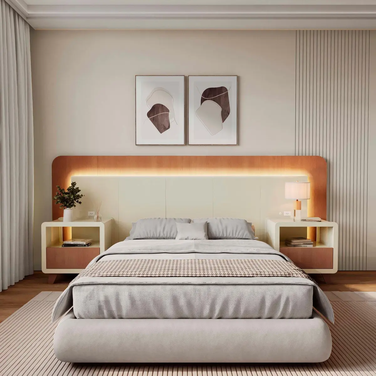 Cabeceira Casal Queen com 2 Mesas de Cabeceira Led 3000k e Tomadas 100% Mdf Mabel Off White/Castanho