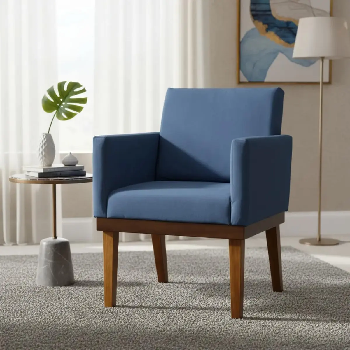 Poltrona Decorativa Para Sala Recepção Manicure Consultório Salão de Beleza Base em Madeira Divine Tecido Suede (Azul Marinho)