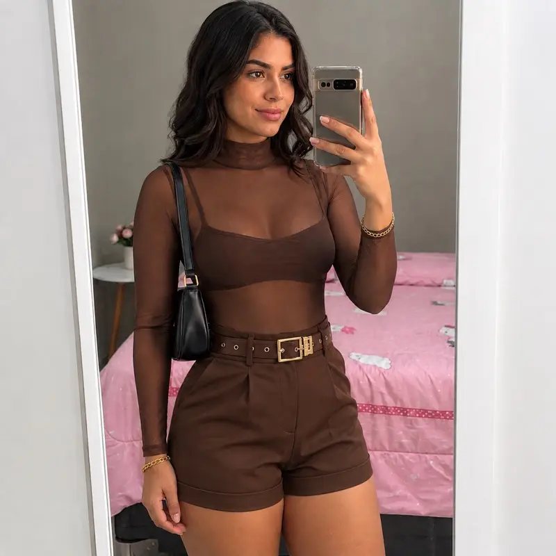 Conjunto Feminino Body Tule + Short alfaiataria , Look Sensual Fashion para Festa e Balada