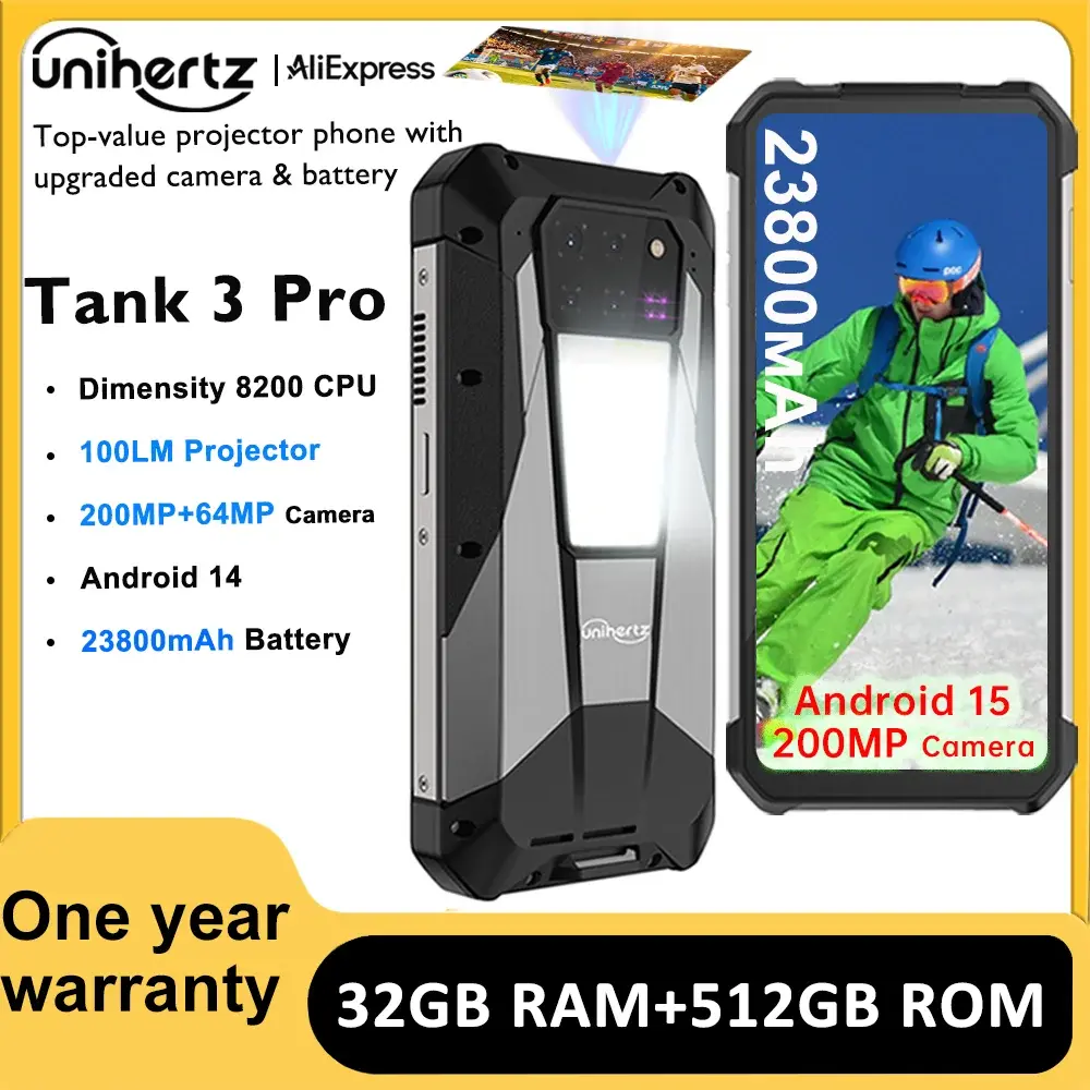 Smartphone Rugged Unihertz Tank 3 Pro 8849 Android 5G com Projetor de 100 Lumens 32/36GB 512GB 23800mAh à Prova d'Água Câmera de 200MP - 1