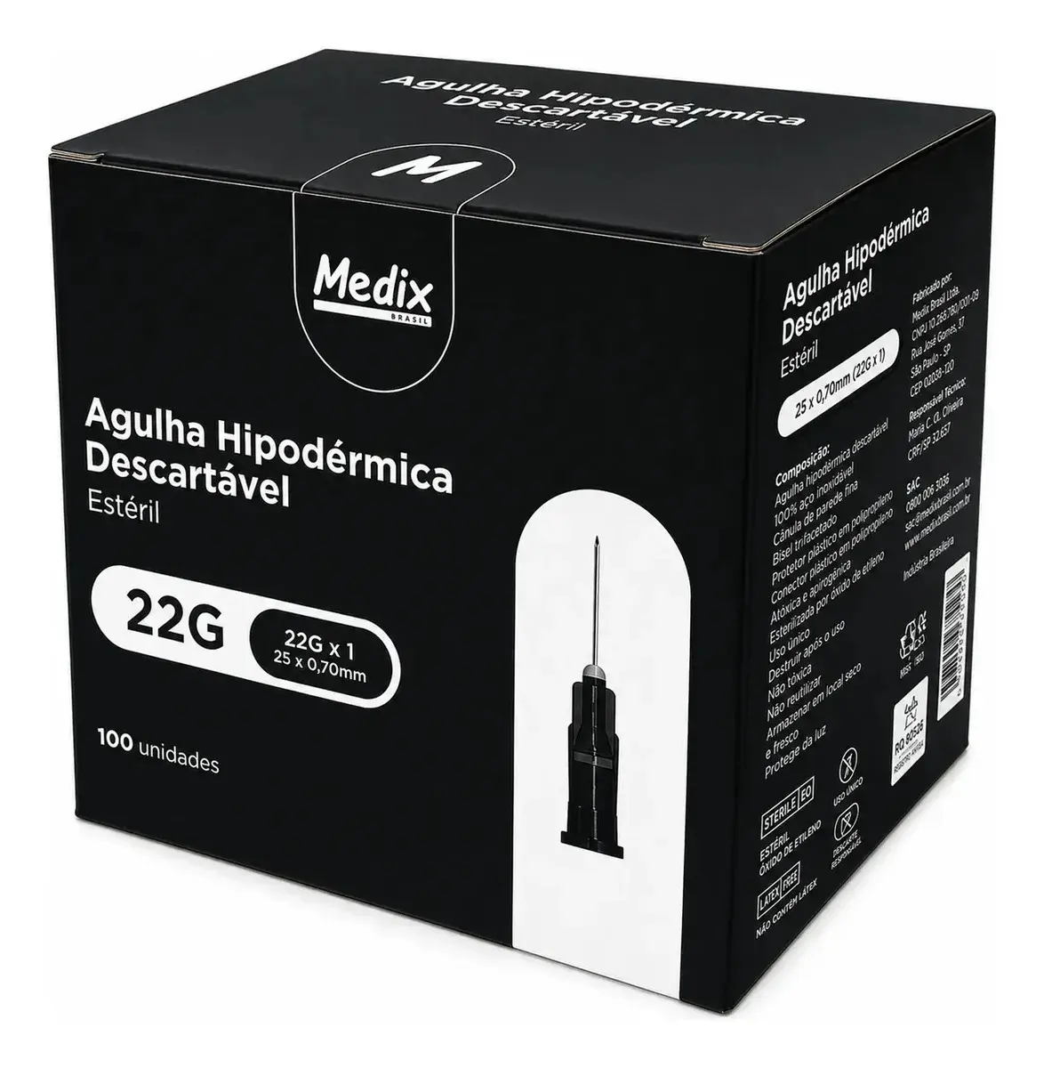 Agulha Hipodérmica Descartável 25x0,70mm (22G) Caixa c/100 Unidades - Medix