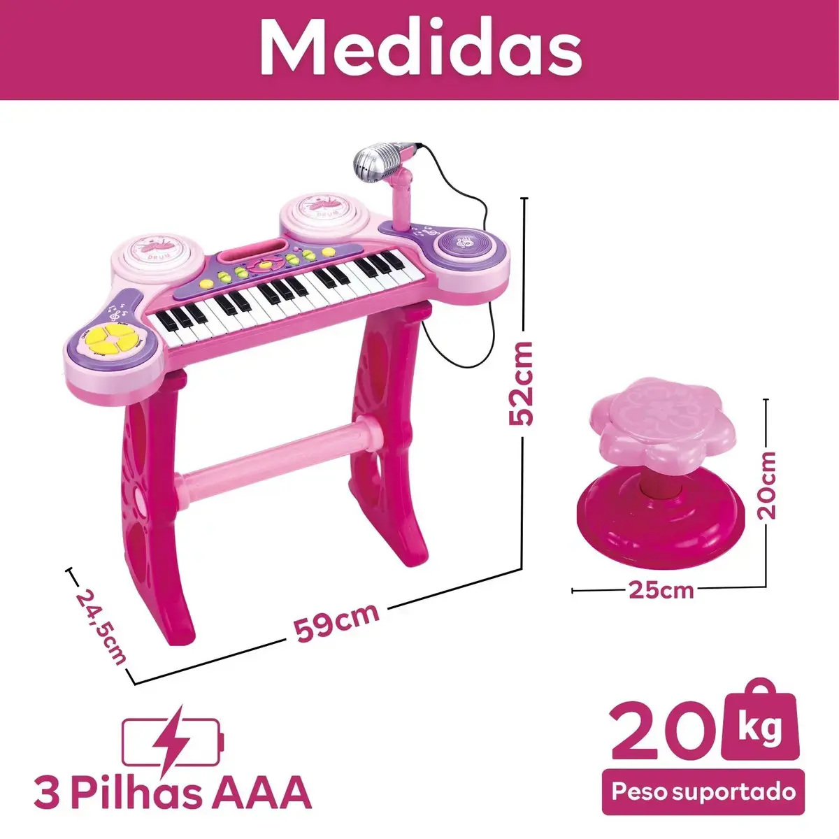 Piano Teclado Musical Infantil Pianinho Microfone Brinquedo Cor Rosa thumbnail 2