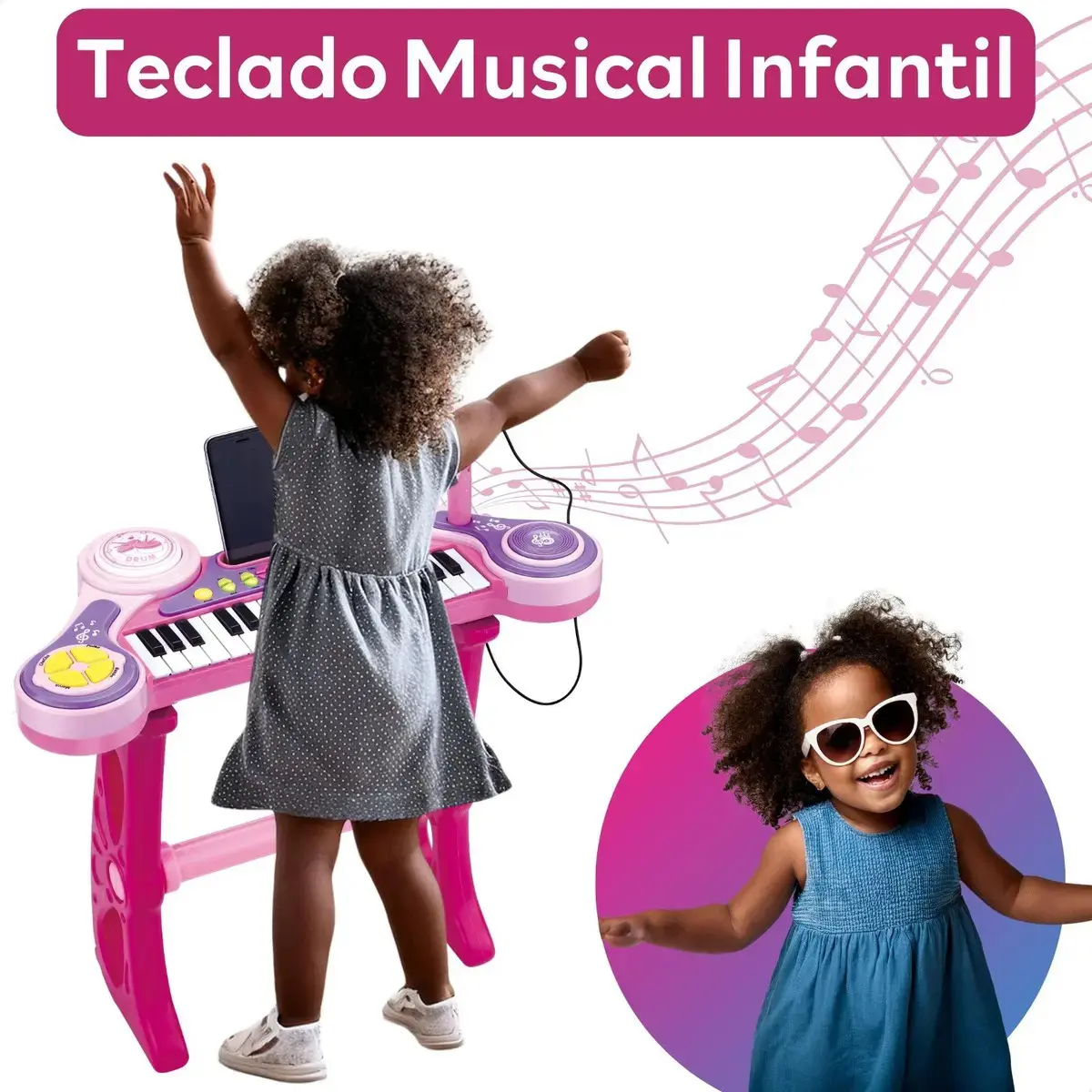 Piano Teclado Musical Infantil Pianinho Microfone Brinquedo Cor Rosa thumbnail 3