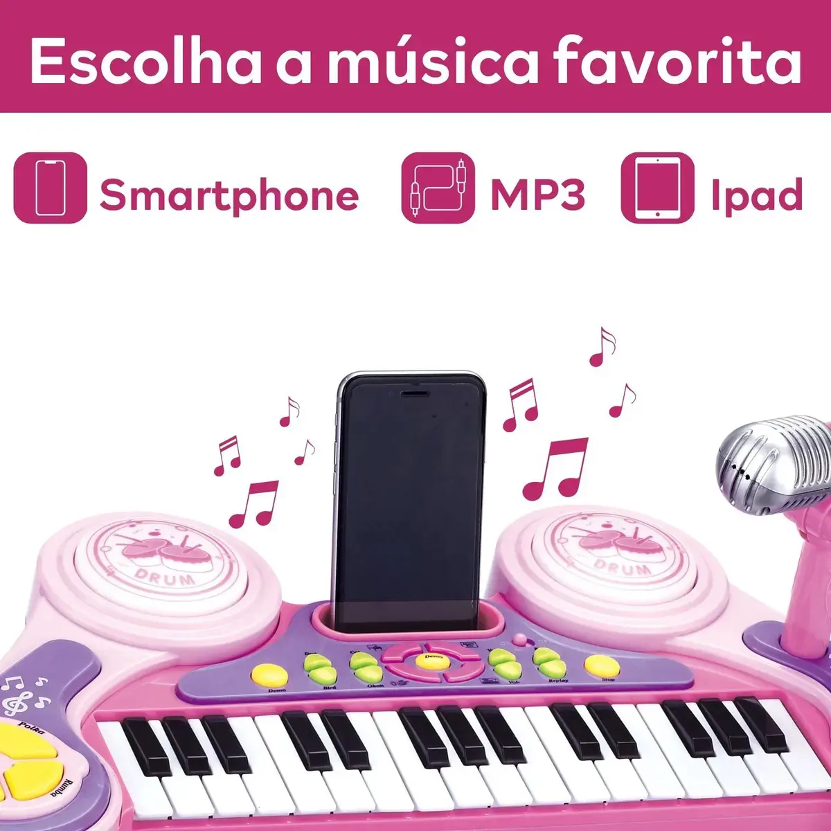 Piano Teclado Musical Infantil Pianinho Microfone Brinquedo Cor Rosa thumbnail 5