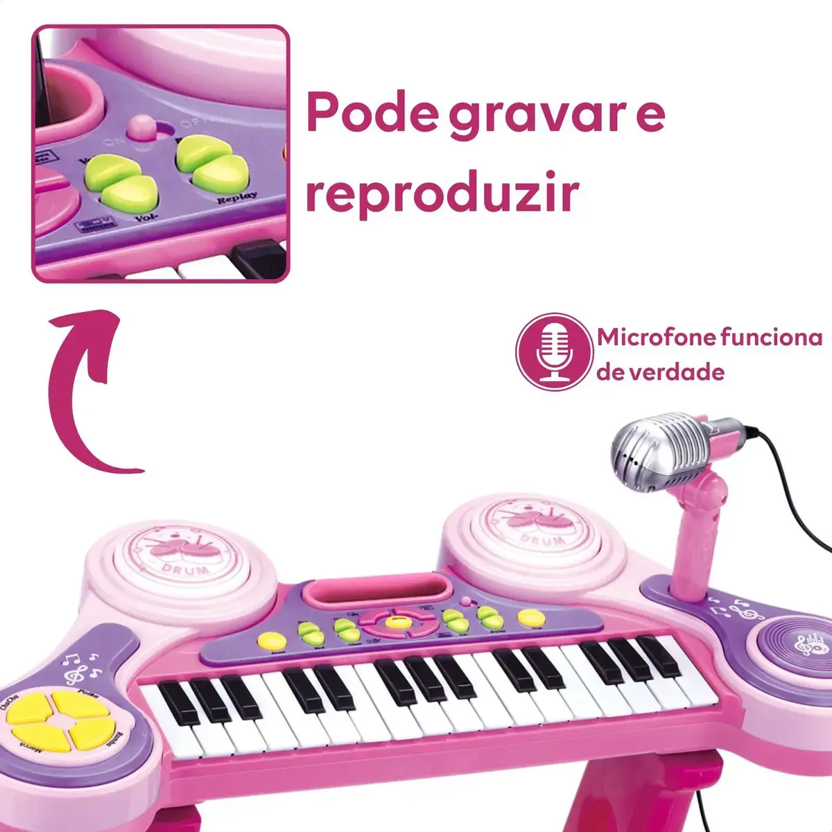 Piano Teclado Musical Infantil Pianinho Microfone Brinquedo Cor Rosa thumbnail 6