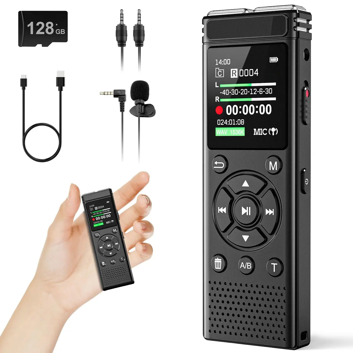 Gravador de voz digital de 136 GB com reprodução, dispositivo de gravação de áudio de 9000 horas, gravador ativado por voz com redução de ruído, repetição A-B, reprodutor de MP3 e senha