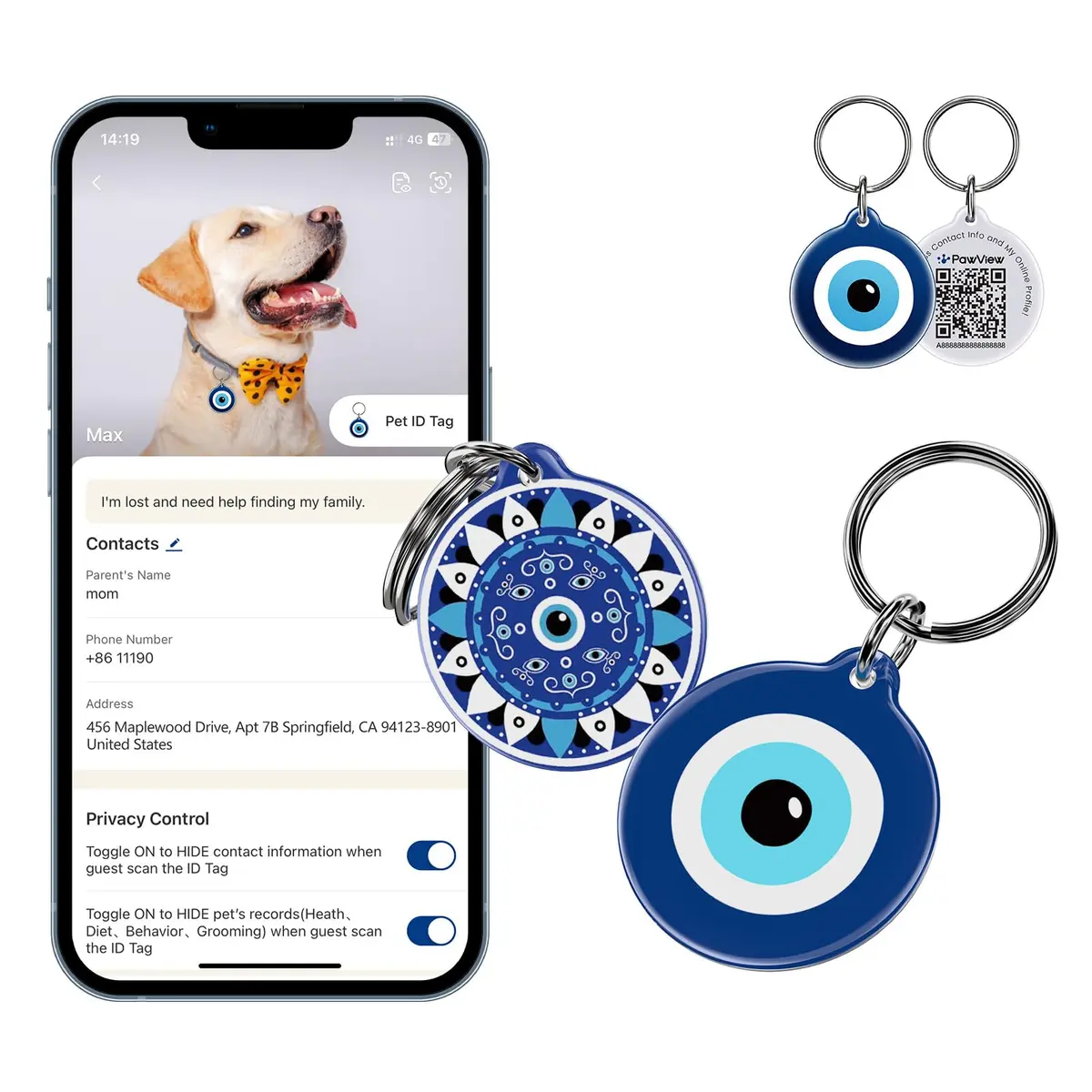 PawView Plaquinha de Identificação QR Code para Pets com App Gratuito | Pingente Medalha Rastreador Personalizada,Amigável à pele,à Prova d'água,Silencioso,para Cães e Gatos, Sem Taxa de Assinatura - 1