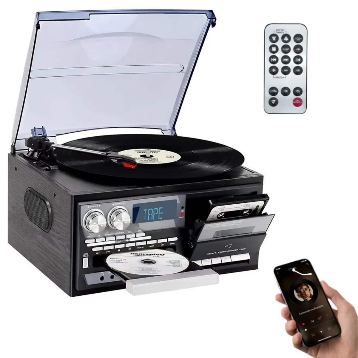 VEDO 9 em 1 Toca-Discos, com BT 5.0, Alto-Falantes Estéreo, Giradiscos 3 Velocidades (33/45/78 RPM) Para Vinil, USB/SD/MMC, Conversor LP/MP3 Via USB - Madeira Elegante, Escolha dos Amantes da Música