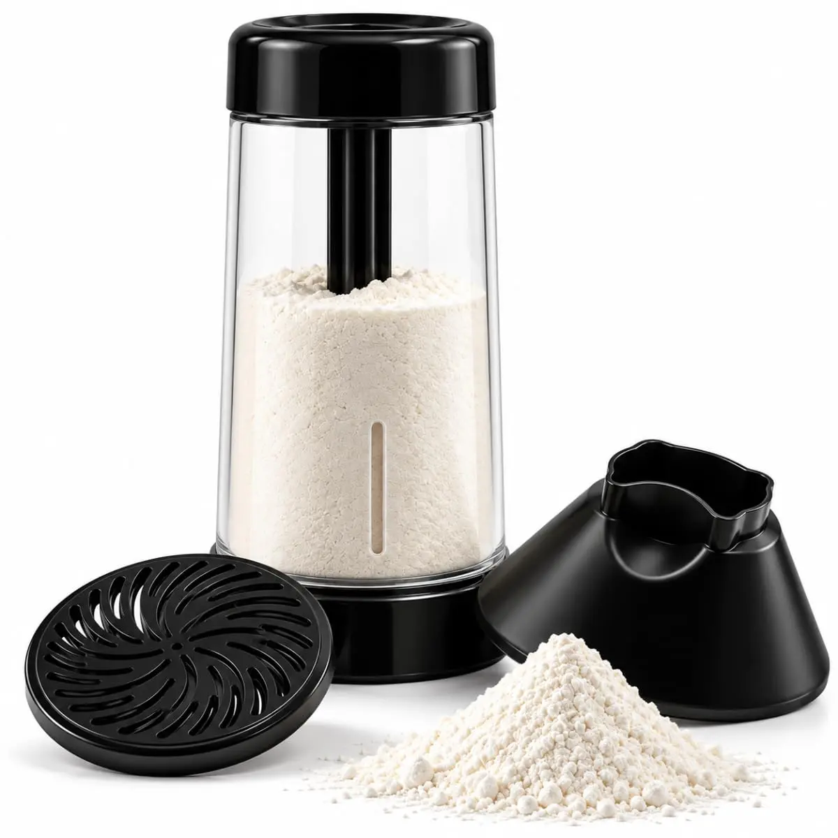 Tapioqueira Polvilhador Preto para Tapioca Peneira de Goma 3 em 1 | Dispenser Transparente - Armazenamento na Geladeira - Organização - Utensílio de Cozinha