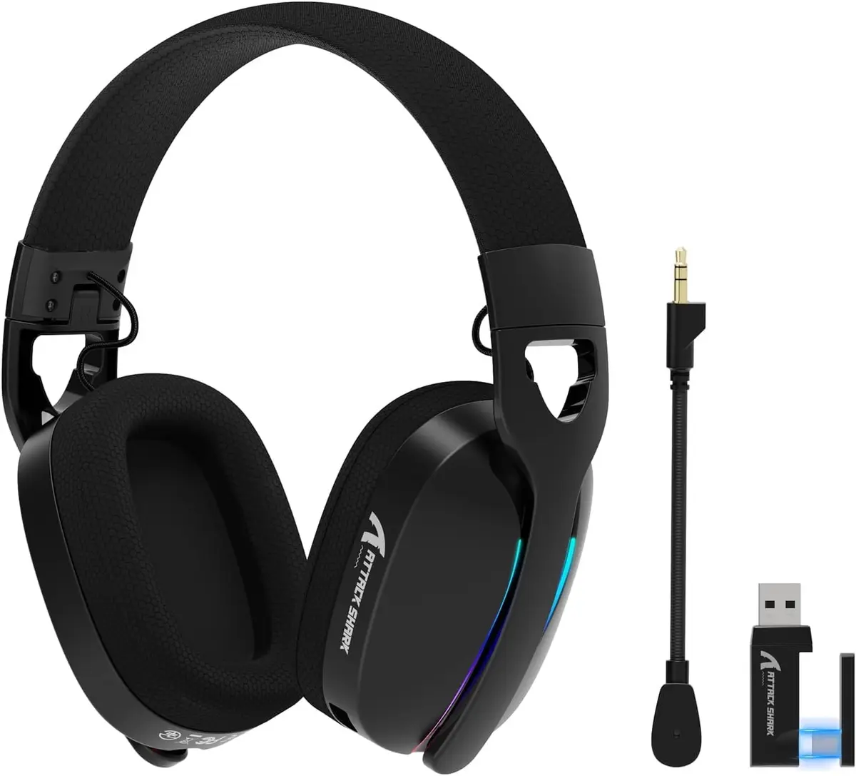 ATTACK SHARK L90 Fone de ouvido sem fio ultraleve para jogos,BT,2.4G,3.5 mm com fio,RGB dobrável, som surround 7.1,protetores auriculares com microfone removível com cancelamento de ruído(Preto)