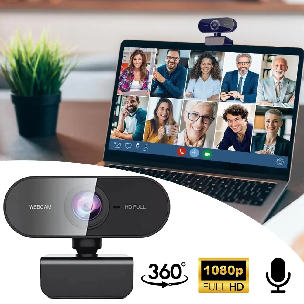 Webcam Full HD 1080p com Microfone Integrado e Rotação 360 ° Plug and Play para PC, Notebook e Escritório em Casa