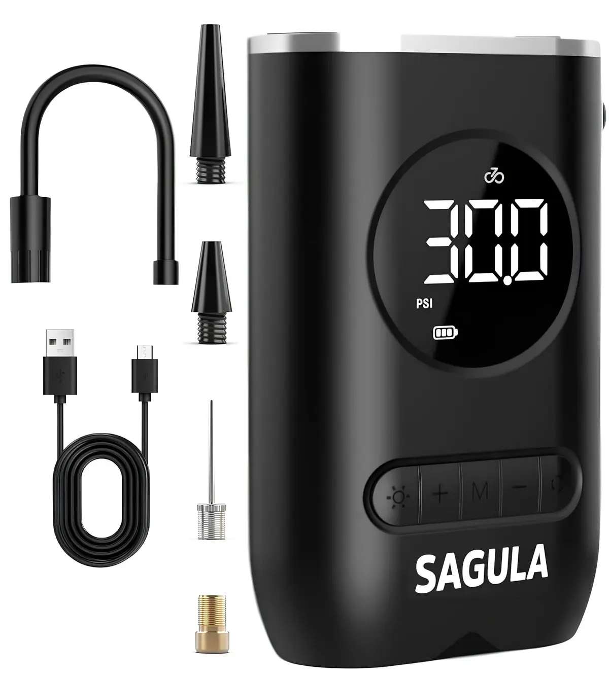 CALIBRADOR BOMBA DE AR PARA ENCHER PNEUS DE CARRO MOTO BIKE BICICLETA ENCHEDOR DE BOLAS COLCHÕES INFLÁVEIS MINI COMPRESSOR PORTÁTIL E COMPACTO ELÉTRICO BIVOLT CARREGAMENTO VIA USB TIPO C (PRETO)