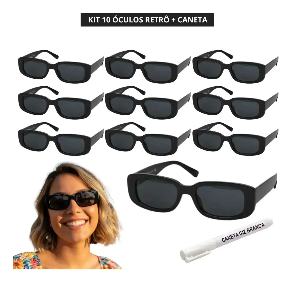 Kit 10 Óculos Festas Retro Preto Tik Tok + Caneta Giz Branco Preto