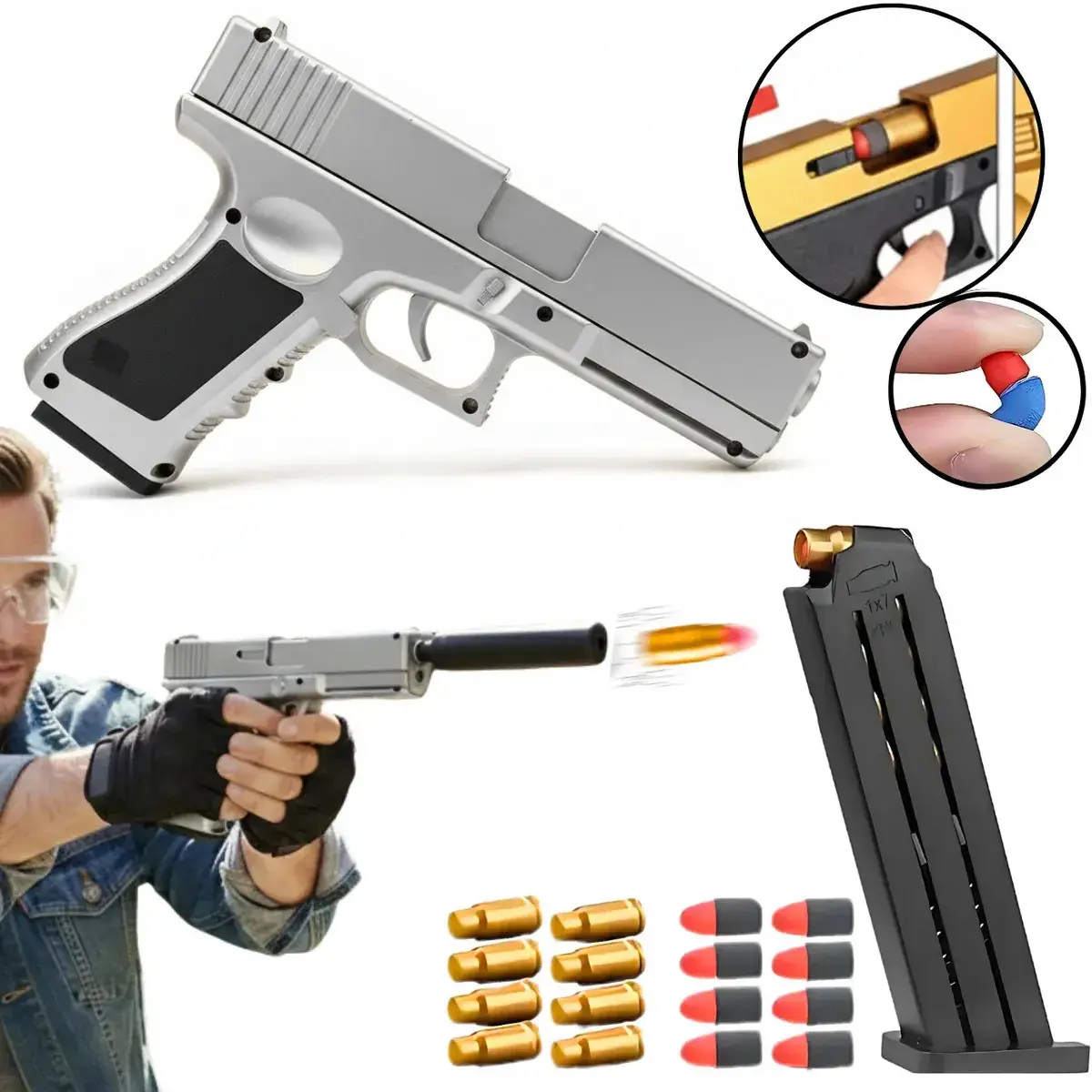 Pistola Arma De Brinquedo Com Dardos E Capsulas Arminha Lançador Realista Prata thumbnail 2