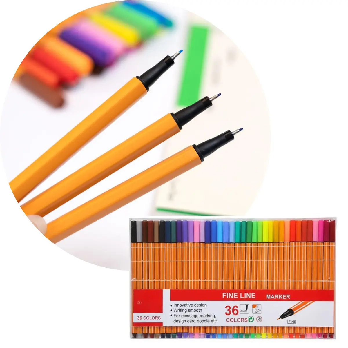 Canetas Coloridas Ponta Fina, Fineline 0.4mm, Kit com 36 Cores | Canetas Coloridas Ponta Fina, Fineline 0.4mm, Estojo com 36 Cores, Ponteira de Metal, Tinta à Base de Água