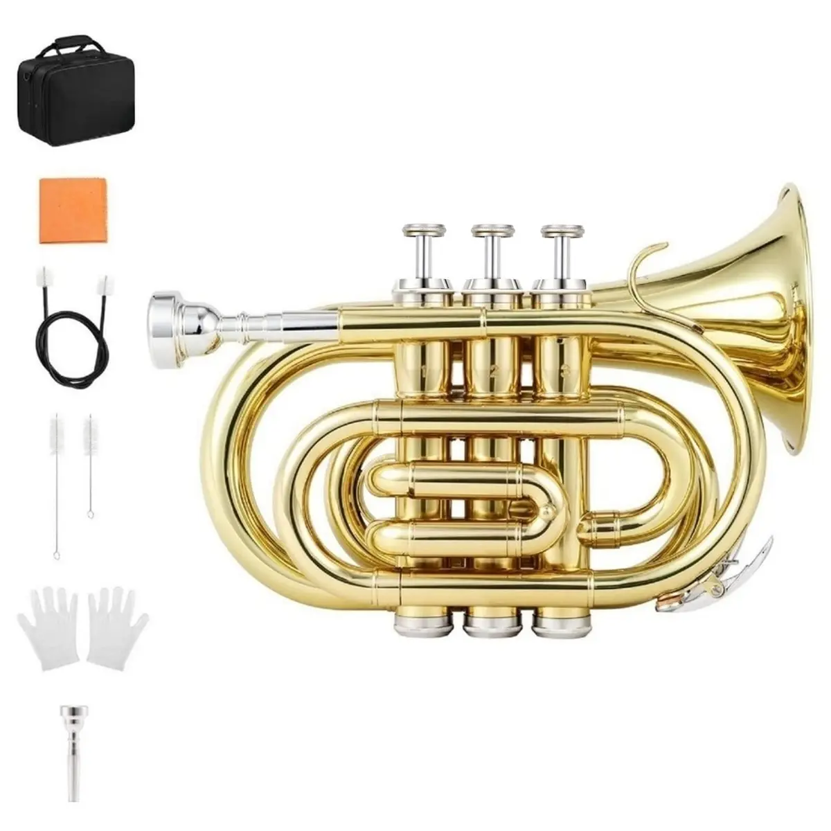 VEDO Trompete de Bolso Bb, Trompete Mini em Latão Dourado com Boquilha 7C, Estojo Rígido, Pano de Limpeza e Luvas - Instrumento de Sopro para Iniciantes e Estudantes - 1