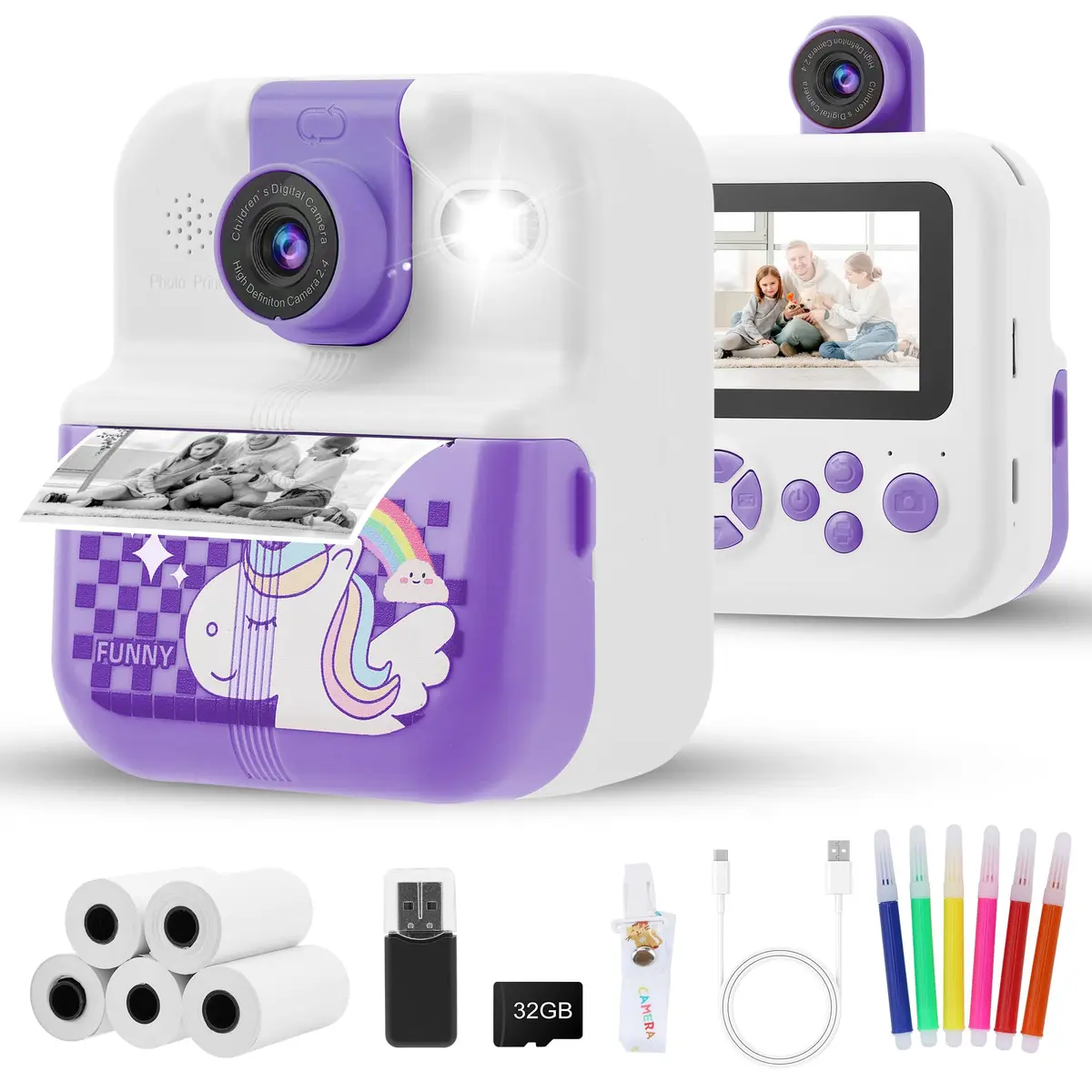 Câmera Infantil, Impressora Instantânea de Sem Tinta, Lente Pode Ser Virada, Selfie, com Flash, 32GB Cartão, Vídeo HD, Brinquedos Meninas Meninos com Crianças de 3 a 14 Anos (Roxa)