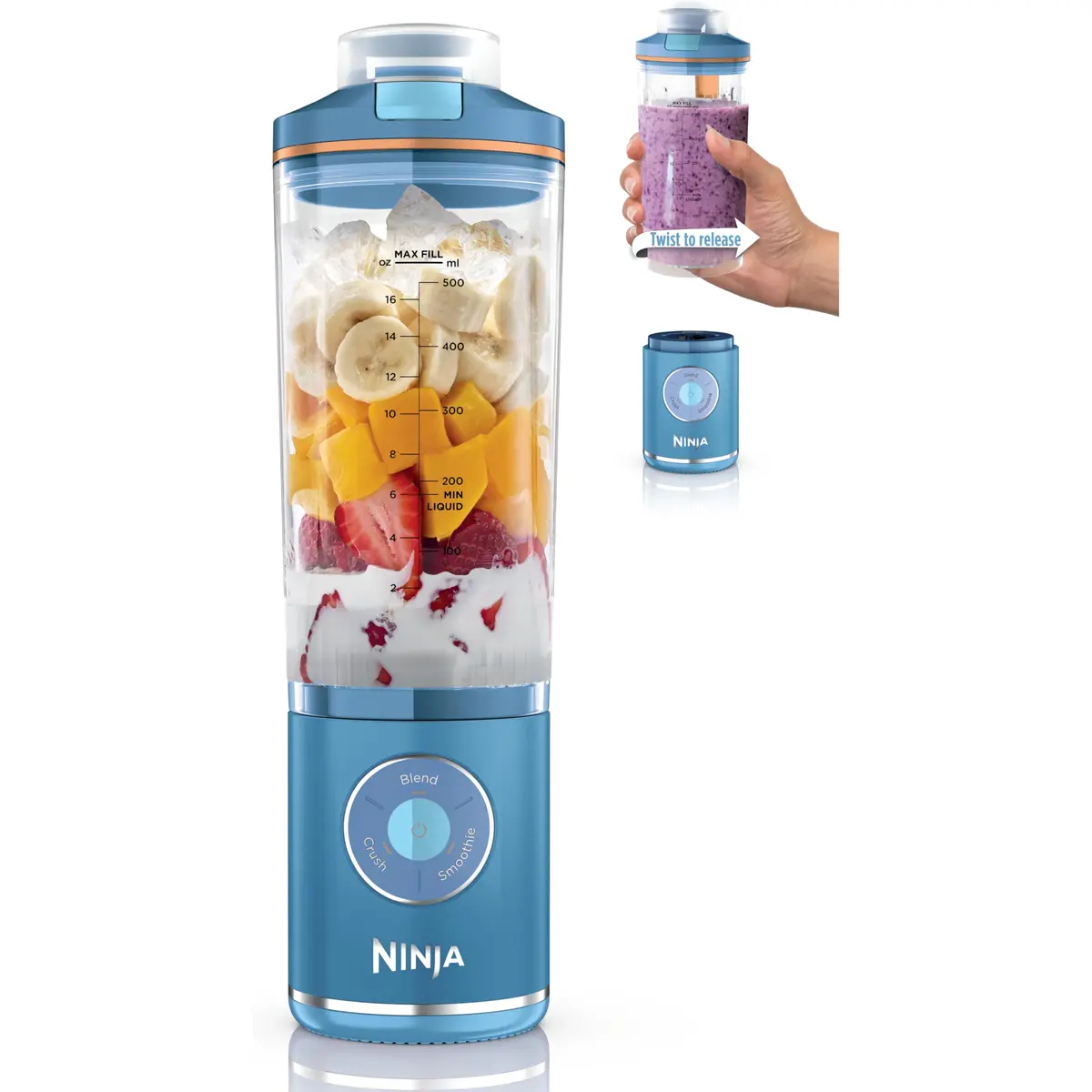 Ninja Liquidificador portátil Blast Max, Twist & Go, 640 ml, azul, BC251BL2 | Recipiente removível Twist & Go de 623 g. Programas Auto-iQ Crush & Smoothie, sem fio. Lavável na lava-louças