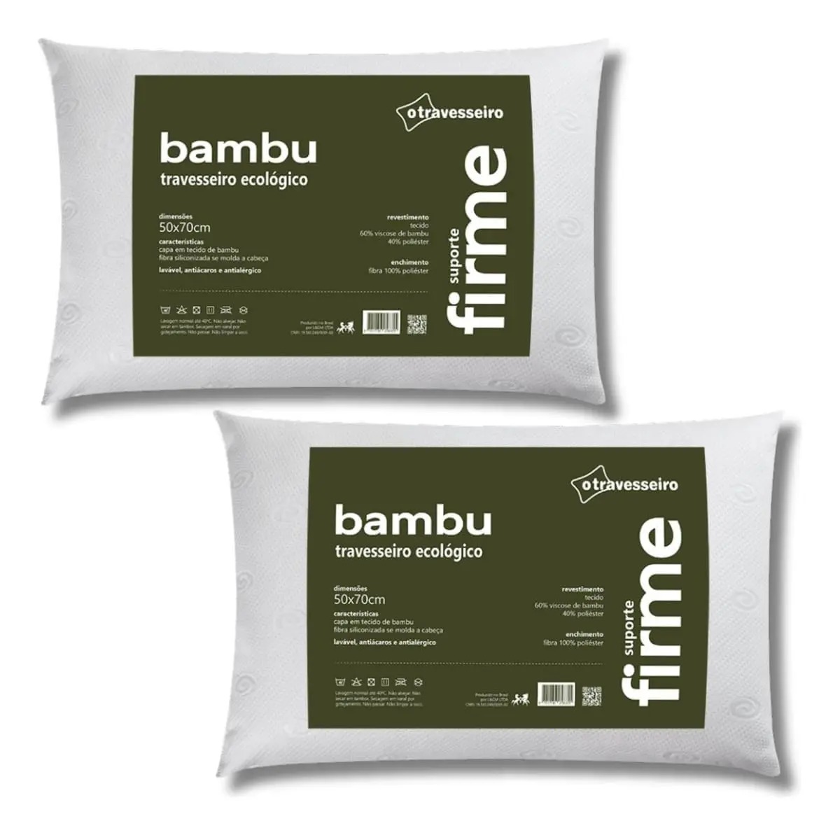Kit 2 Travesseiros Fibra de Bambu 50x70cm, Firme, Toque Macio e Confortável | Enchimento Fibra Siliconada, Lavável, Antialérgico, suporte firme