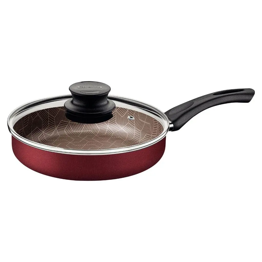 Frigideira Reta Tramontina Paris em Alumínio com Revestimento Interno e Externo em Antiaderente Starflon Max Vermelho com Tampa de Vidro 24 cm 2,0 L