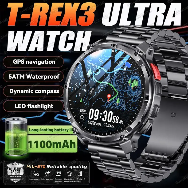 2026 novo T-Rex3 ultra 1100mah militar relógio inteligente masculino 1.7 "amoled gps caminho 5atm à prova dwaterproof água bússola lanterna led smartwatch ios