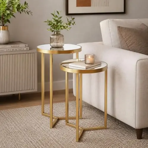 Conjunto com 2 Mesas Laterais Redondas com Tampo Espelhado para Sala e Quarto Base em Metal Mesa de Apoio Decorativa(dourado)