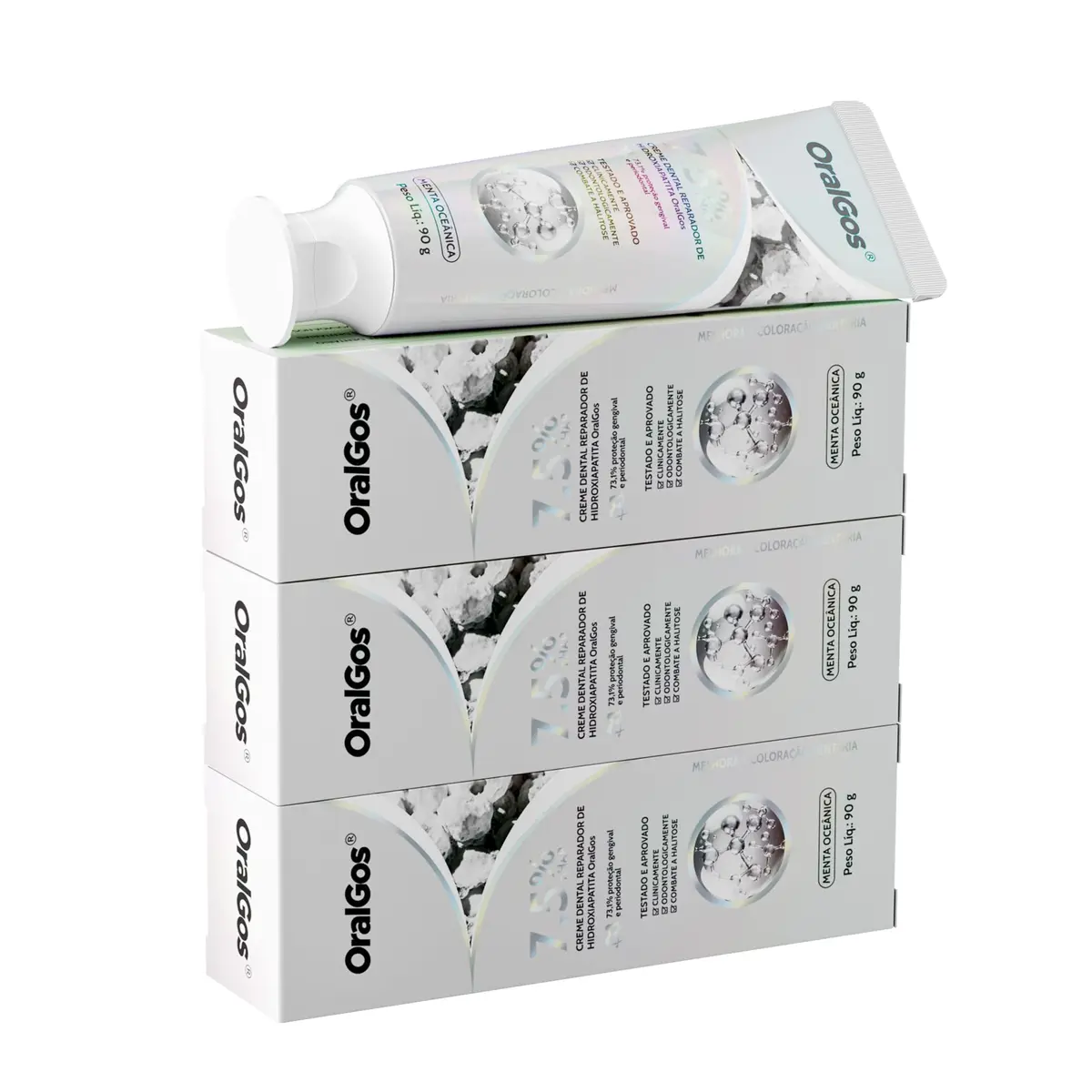 OralGos Creme Dental 7,5% HAP 90g Fórmula Sem Flúor, 3 Unidades | Antissensibilidade, Reparo do Esmalte Dental, Redução de Manchas, Menta Oceânica