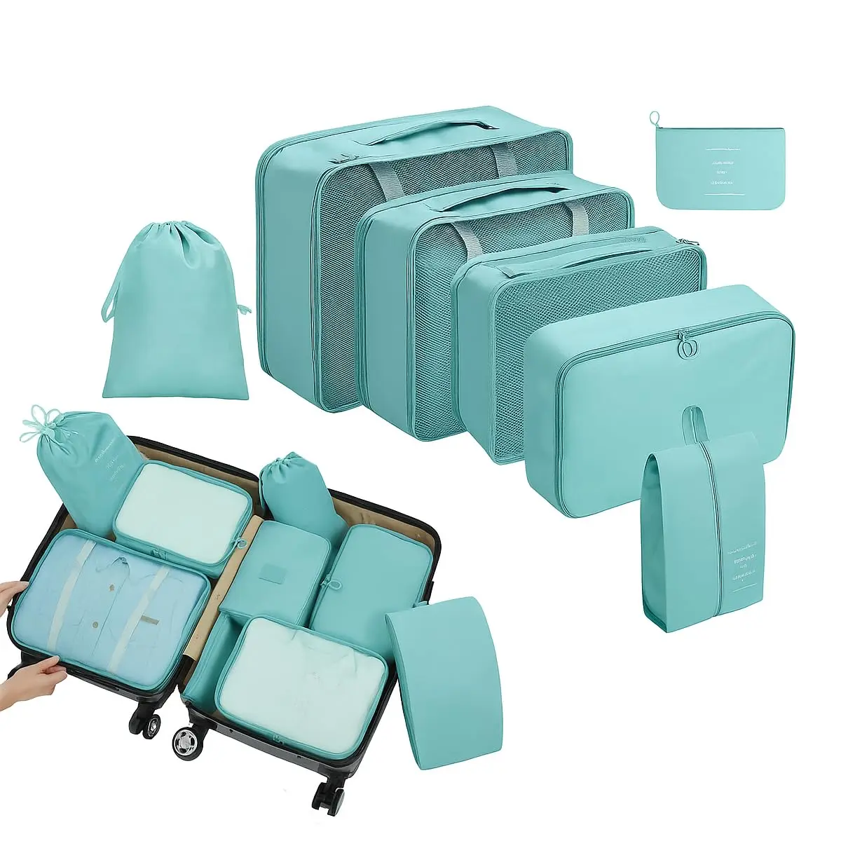 Organizador Viagem Kit 7 Peças - Necessaire para Bagagem Malas Roupas Bolsa Cosméticos Higiene - Dobrável Impermeável Multiuso Feminina Masculina Unissex Grande Compacto Prático (AZUL CLARO)