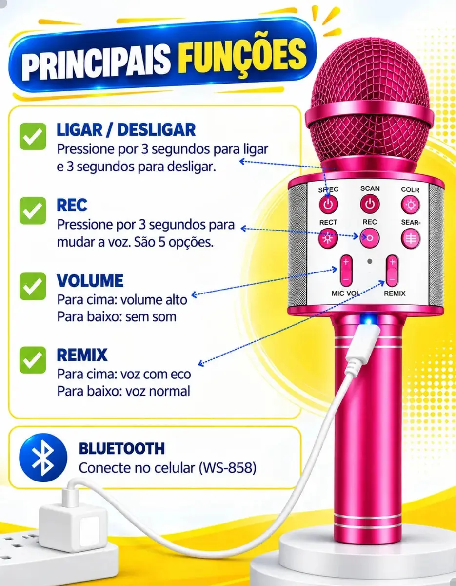 Microfone Infantil Bluetooth S/ Fio Karaoke Que Muda A Voz Preto thumbnail 6