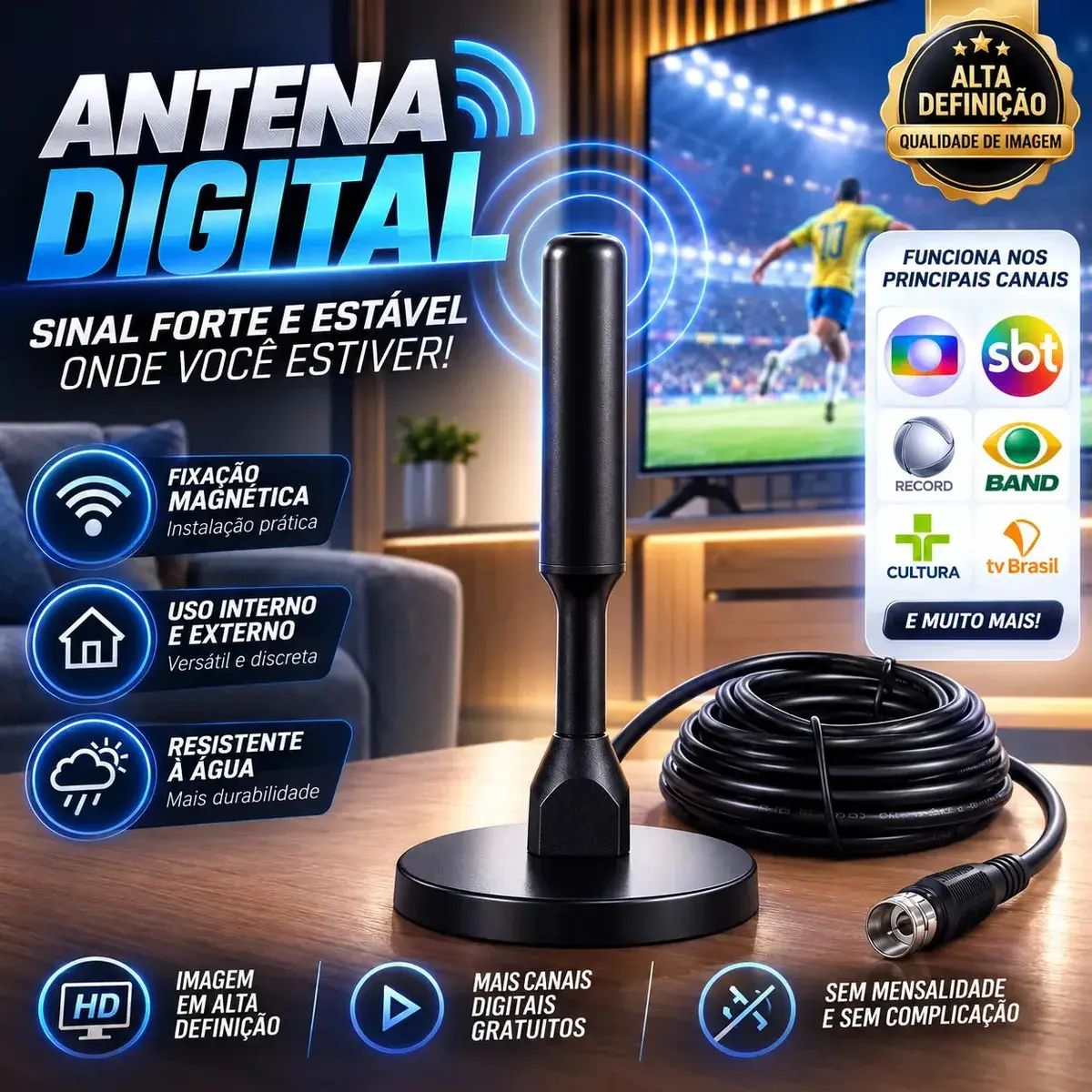 Antena De TV Digital B Basto Interna E Externa 240km Com Cabo 5m para Canais Abertos